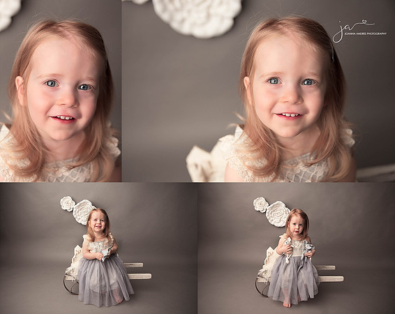 Collage of two year old girl with gray backdrop