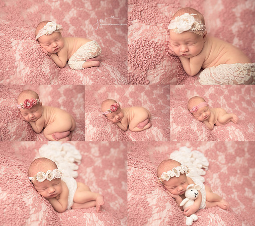 Collage of newborn girl with pink backdrop and lacy outfit