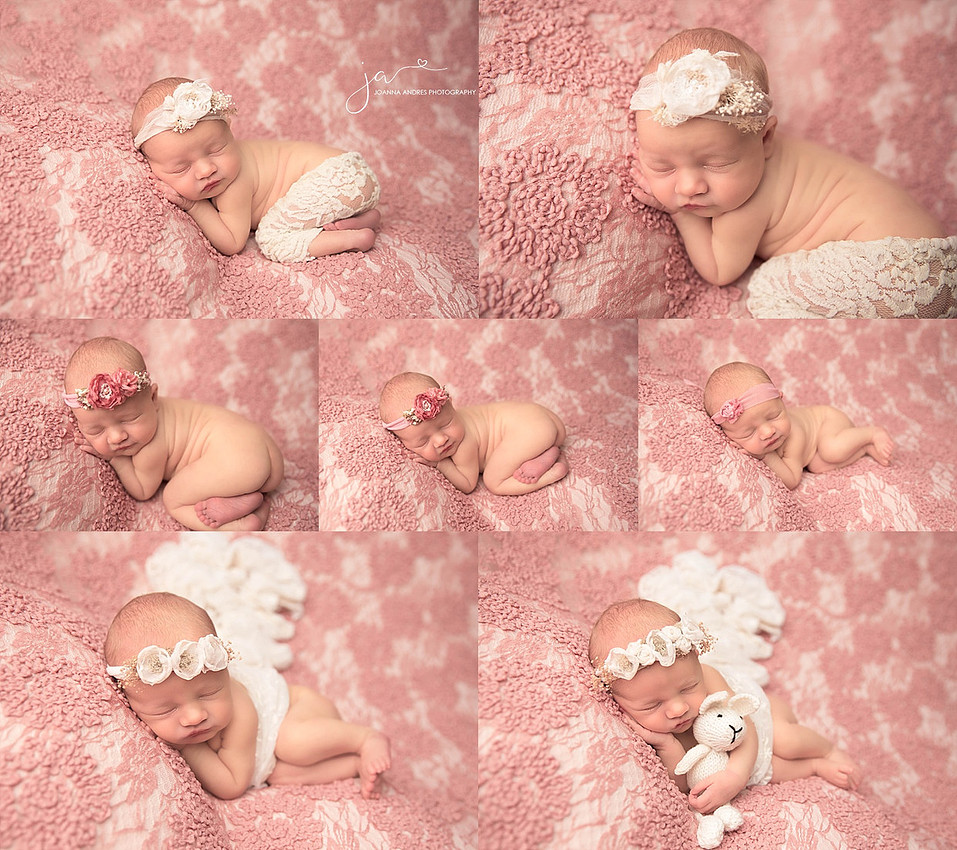 Collage of newborn girl with pink backdrop and lacy outfit