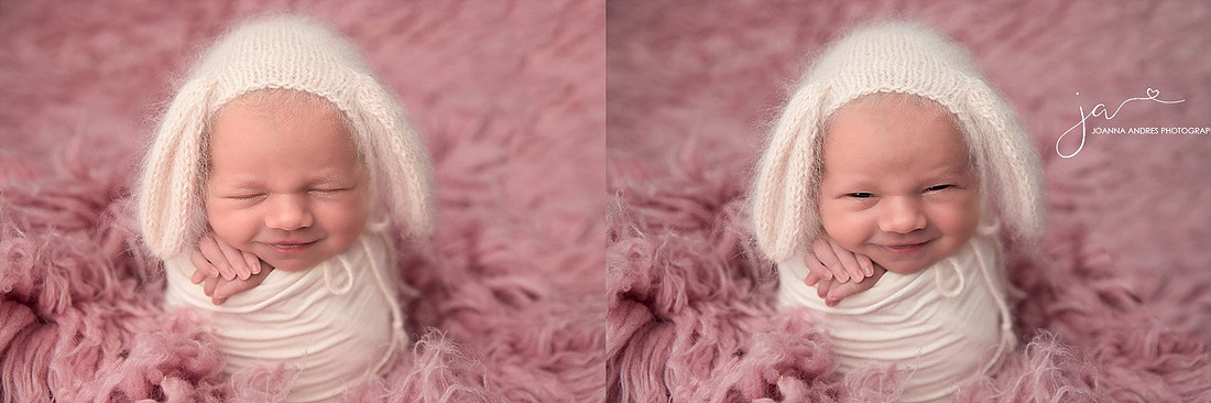Potato Sack of Baby smiling in pinks and neutrals