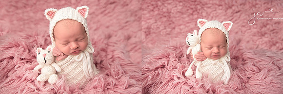 POtato Sack of Baby in Pink and Neutrals with Kitty Lovey and hat