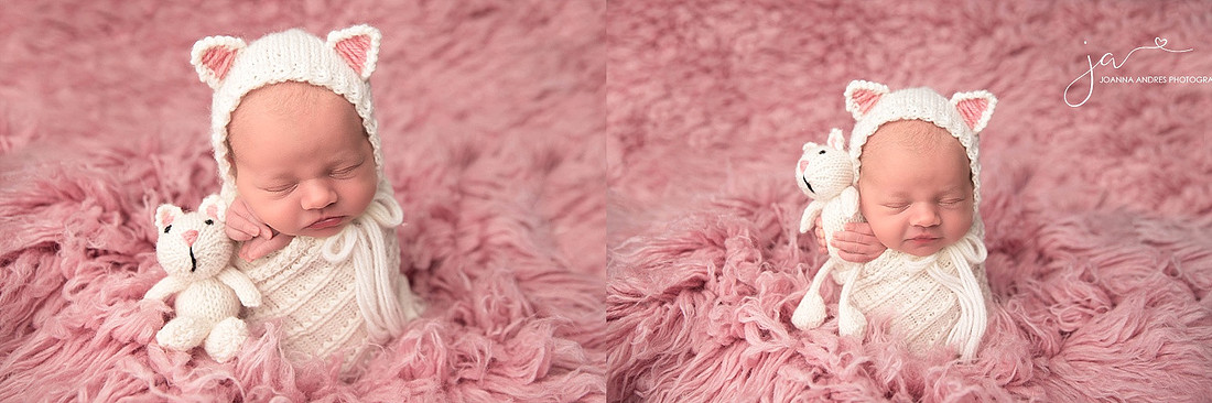 POtato Sack of Baby in Pink and Neutrals with Kitty Lovey and hat