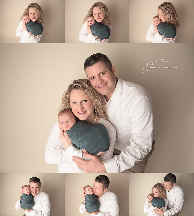 Family portraits with newborn baby boy in a collage