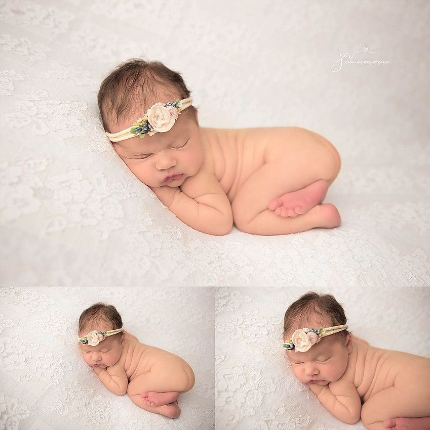 Newborn Baby Girl Bum Up Naked with adorable baby back rolls
