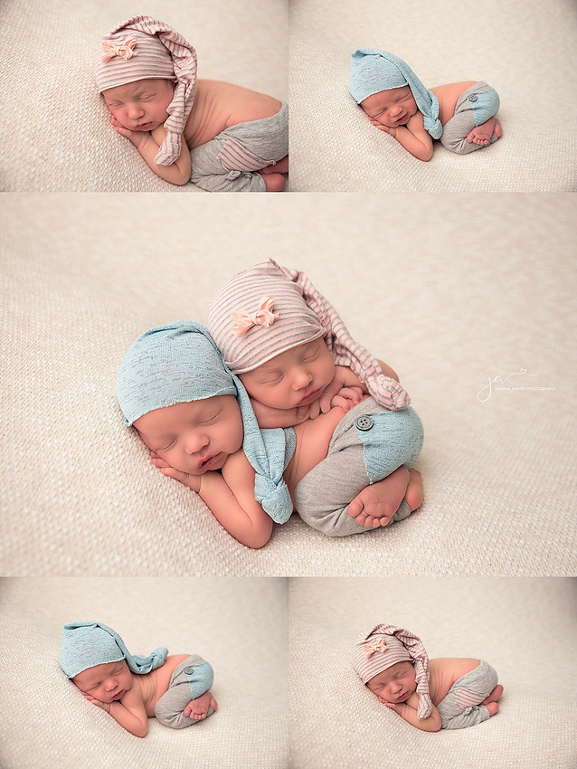 Twin Newborn Photographer Collage of babies together and sepearte in pinks and blues
