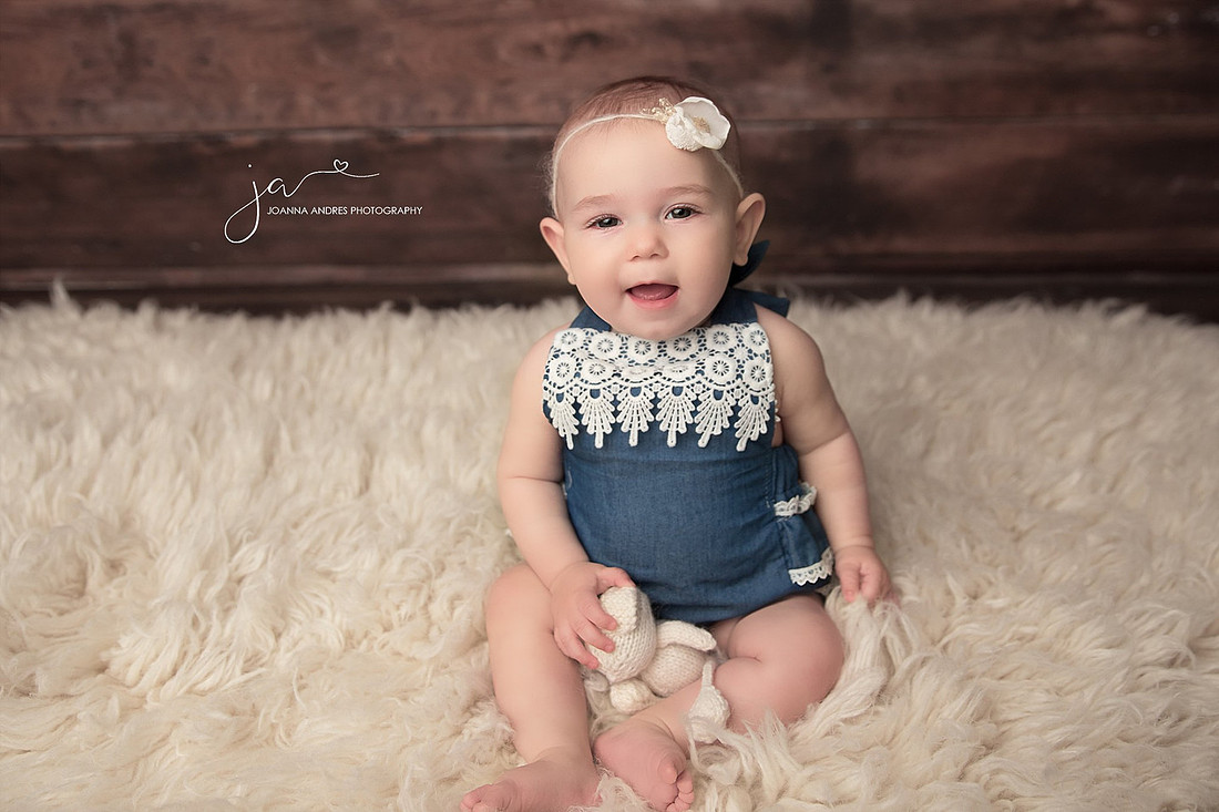 Sitting Up Milestone Session Baby Girl in Denim and lace