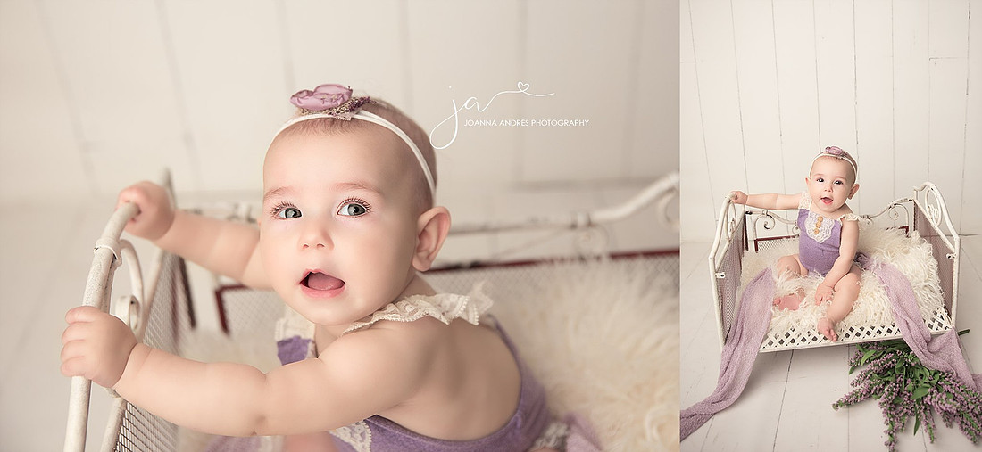 Baby Girl in Bed Sitter Session with purple flowers