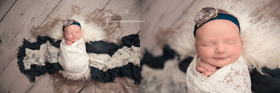 Baby Photographer in  baseket with white and navy blues