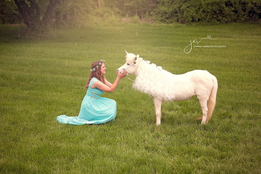 Woman in blue dress looking at unicorn