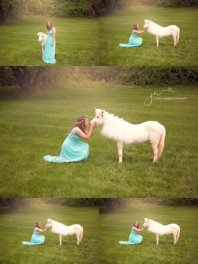 Collage of photos of woman dressed in blue with a uncorn