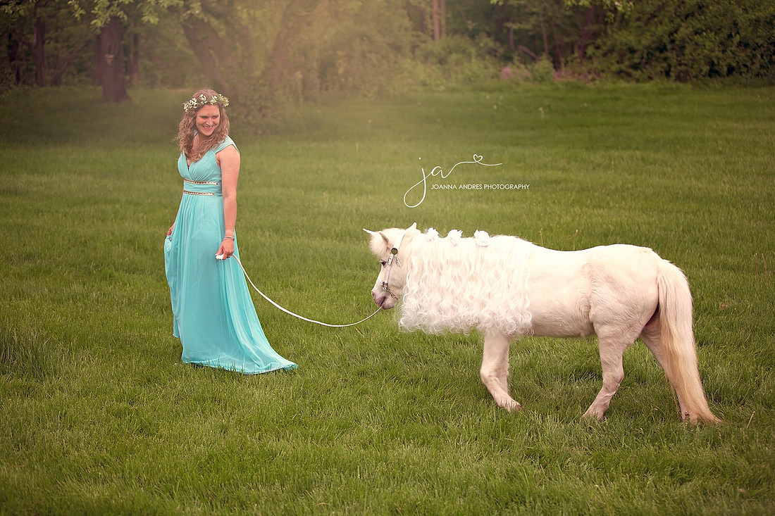 Woman walking with unicorn and looking back