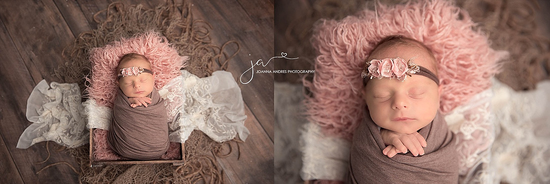 Baby In prop wrapped in browns and pinks