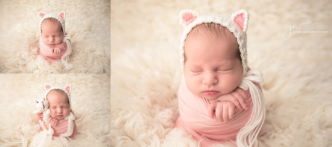 NEwborn Baby Girl wrapped in Pink with white flokati  collage.
