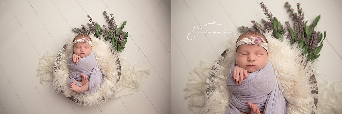 Baby Girl in White with Purple wrap and lavendar flowers