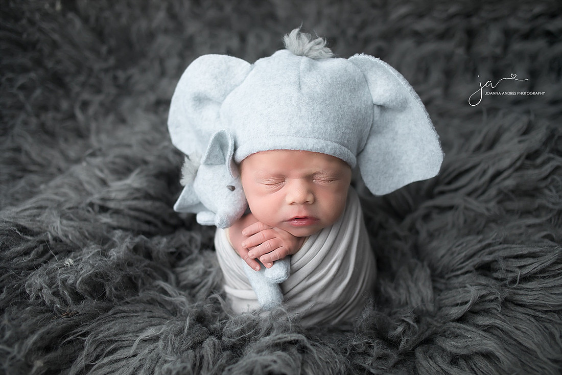 Baby Boy with Elephant Hat and Elephant Lovey