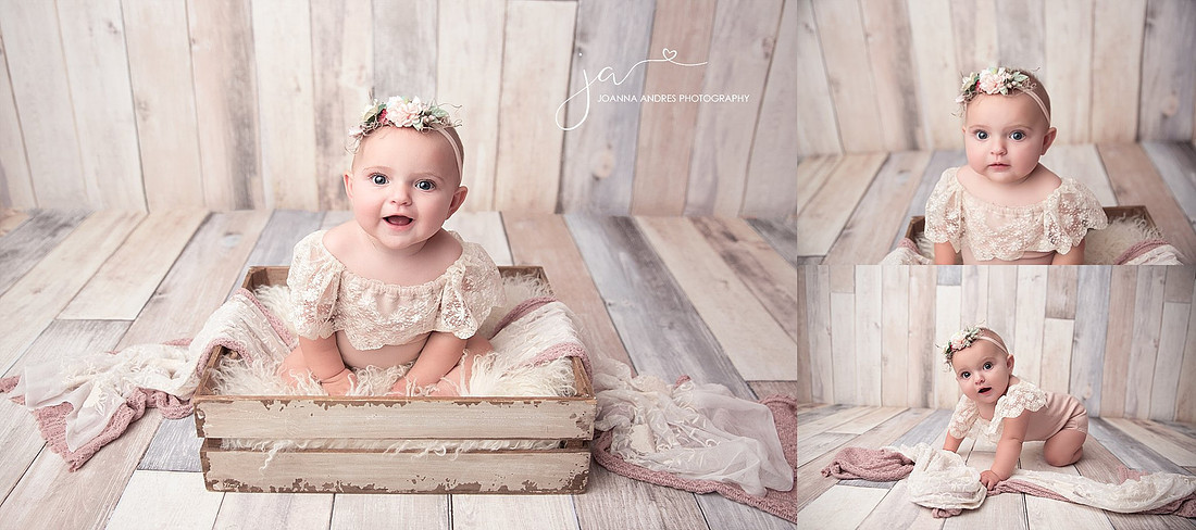 baby Girl with lace romper and flower headband collage