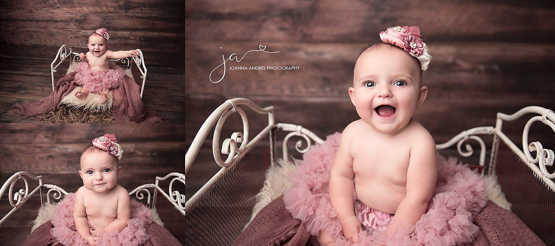 Baby Girl in Pink Tutu and Headband Sitting on Bed Collage