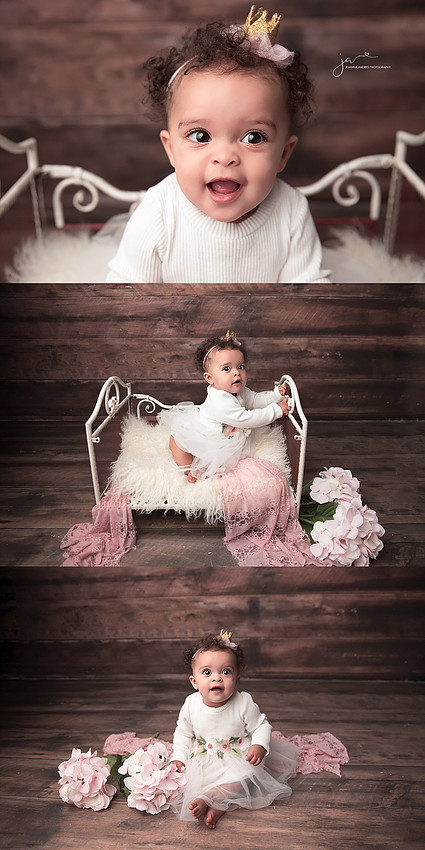 Collage of Baby Girl Smiling sitting in a white bed