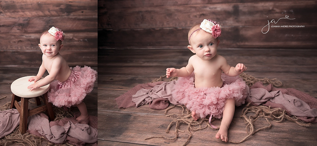 9 Month Baby Girl leaning on stool and sitting