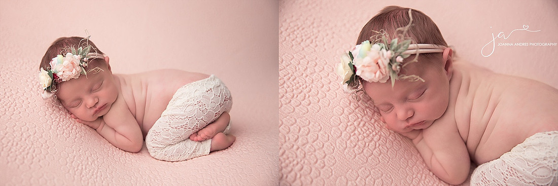 Baby posed with bum up with lace pants and floral headband