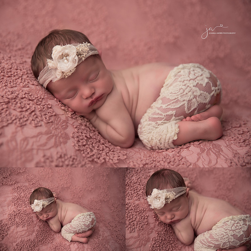 Collage of Baby wearing lace and pink backdrop