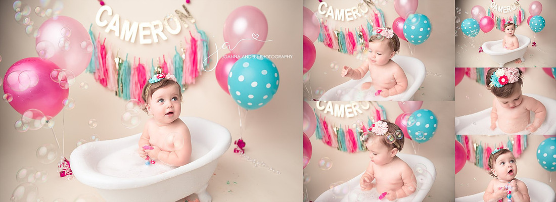 Collage of baby in a bathtub
