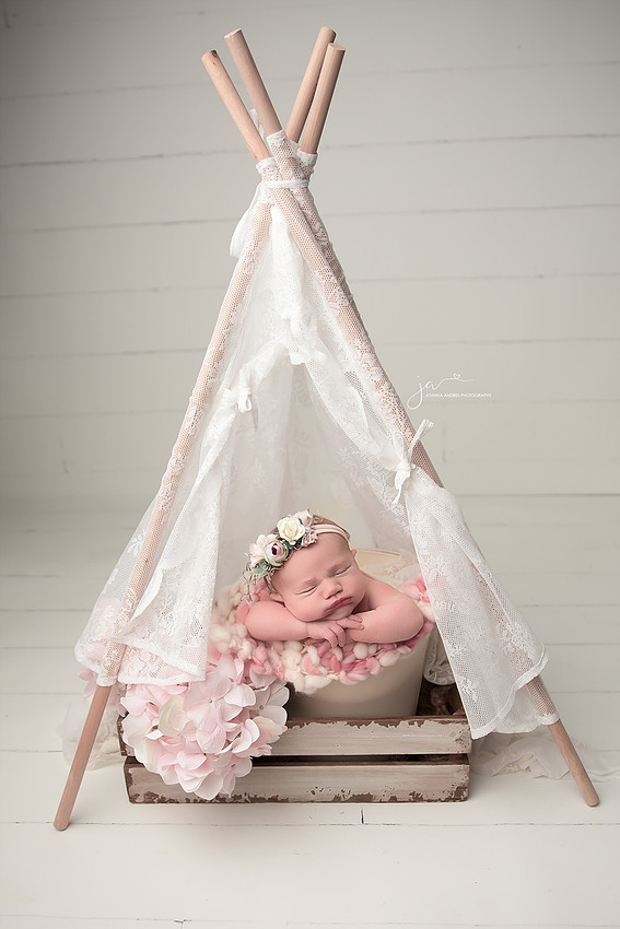 Baby Girl in a Bucket with Lace Teepee