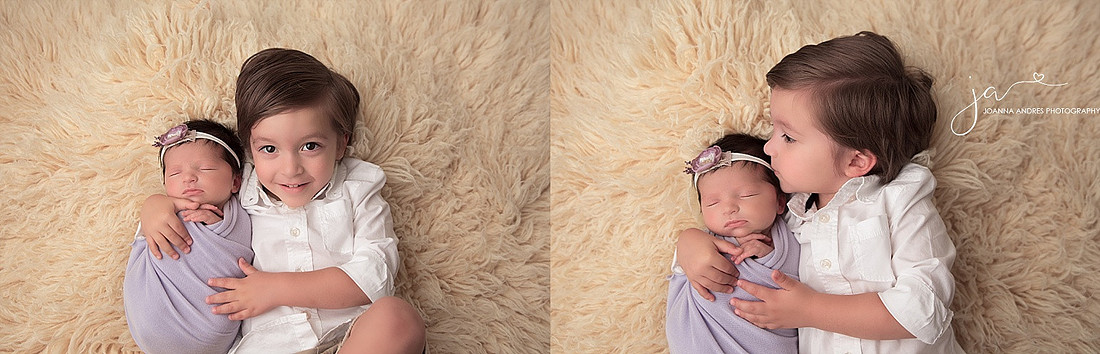 Sibling Portraits Big Brother SMiling and kissing his  babysister