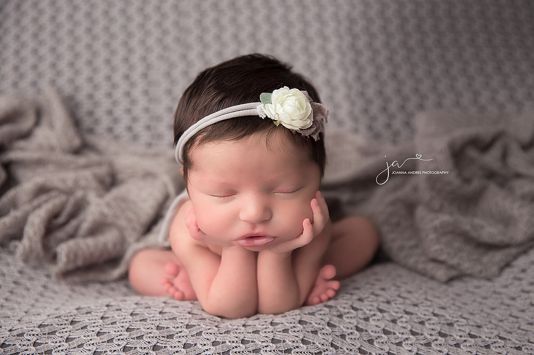 Froggy POse of Baby in Grays with cute headband