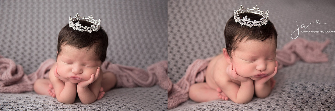 Froggy POse with Baby in Tiara and Gray Backrop with Mauve accent color