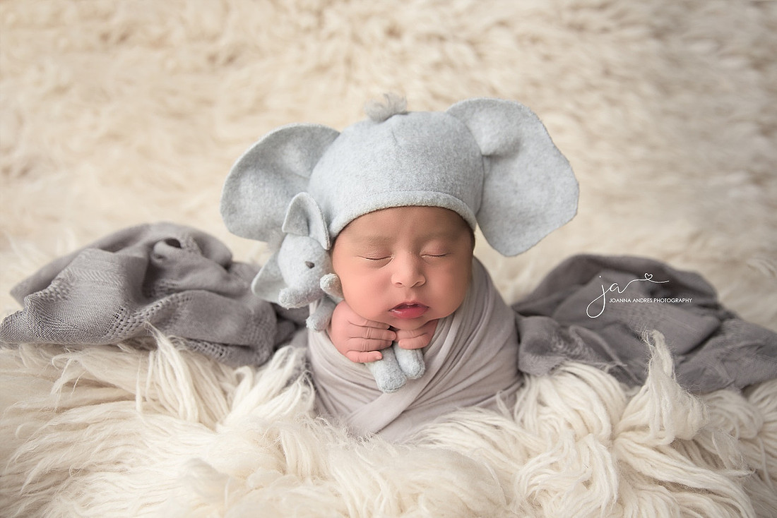 Baby Boy with Elephant Hat and Elephant Lovey