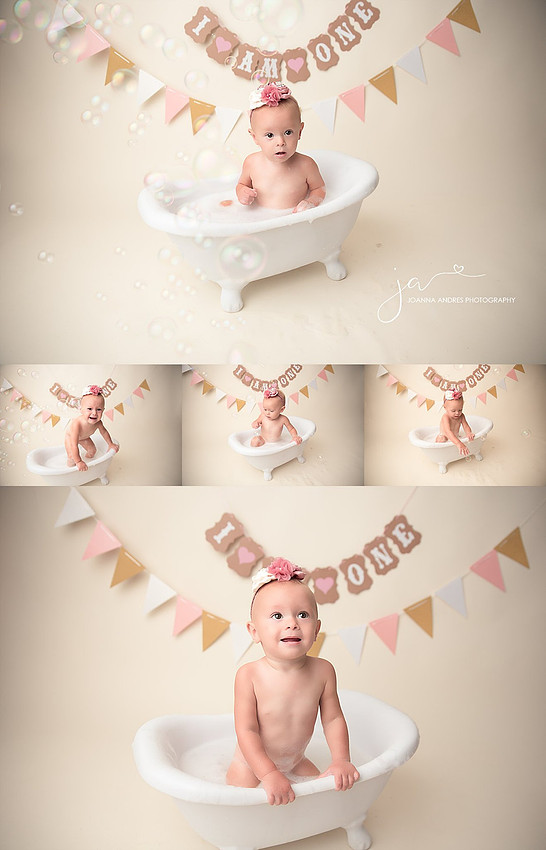 Collage of baby girl in tub