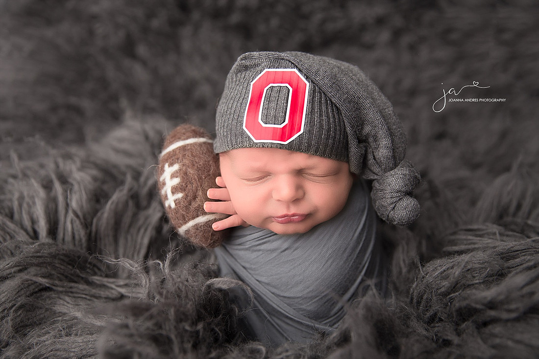 Baby Newborn Boy Buckeye Fan with Ohio State Hat and Football
