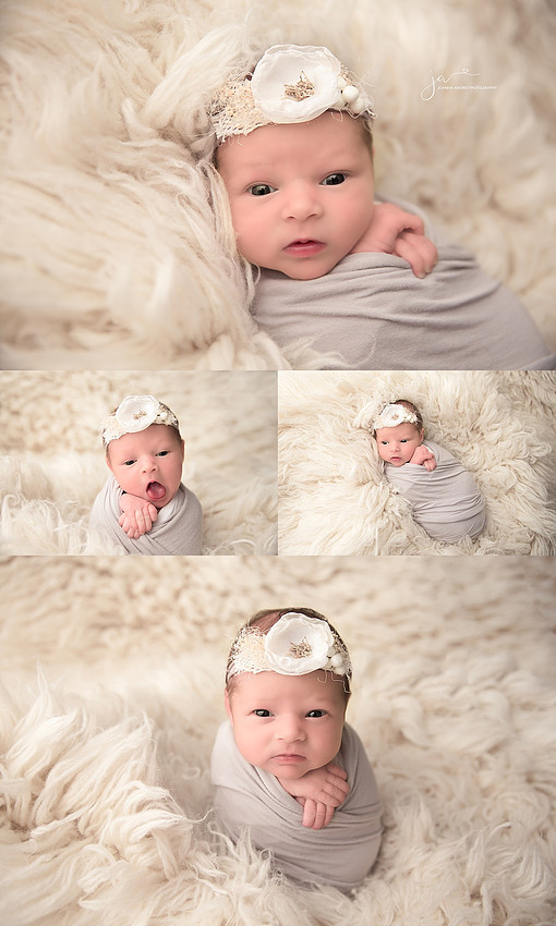 Collage of baby Girl Wrapped in Gray with White Flokati Rug