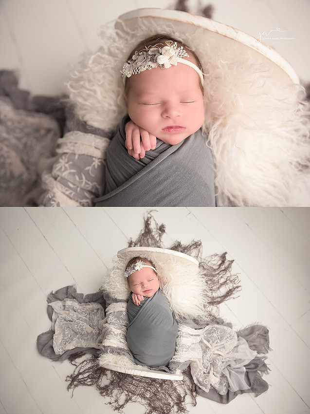 Baby GIrl in Grays in a White Basket