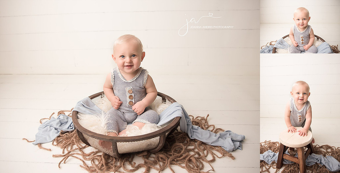 Collage of baby boy first birthday in light blue