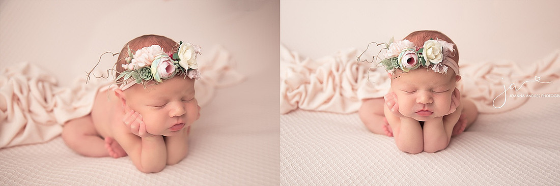 Froggy Pose of Baby in Neutral wearing flower headband