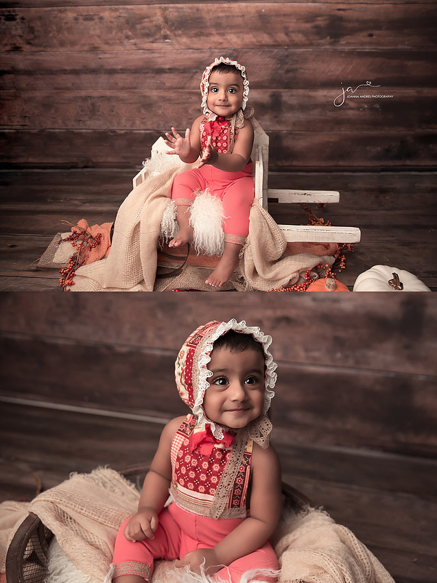 Baby in Wagon with Fall Themed Pumpkins