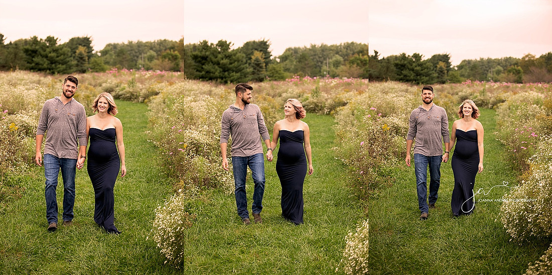 Materntiy Collage of couple walking through a field of wildflowers