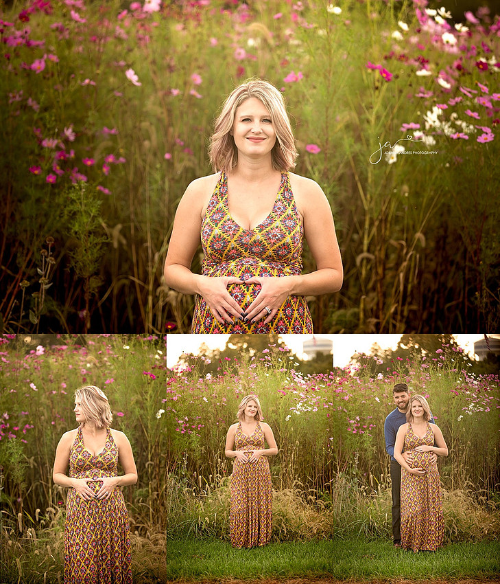 Collage of Maternity Photos with wildlfower backdrop
