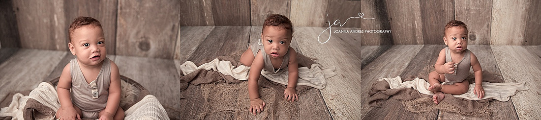 Collage of 9 month baby boy crawling and sitting