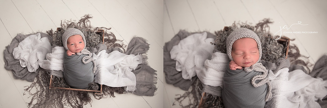 Baby Boy in prop with grays and whites