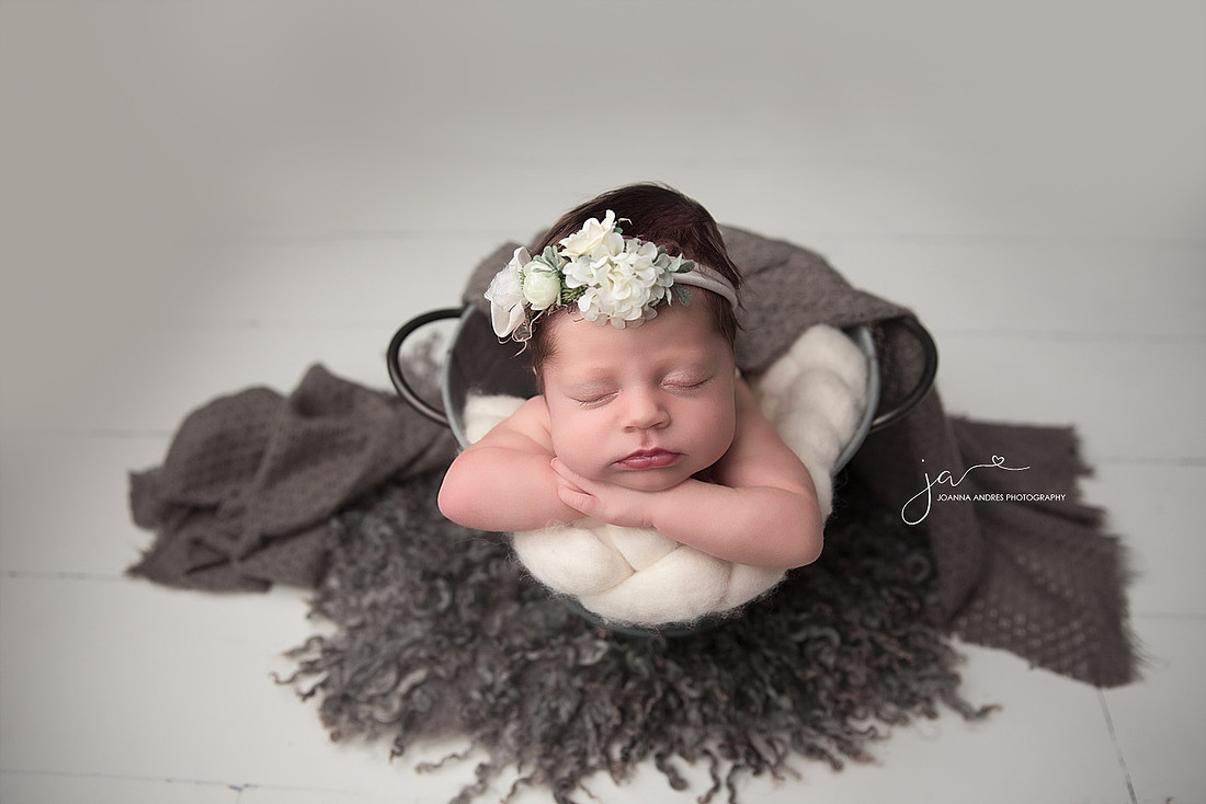 Baby Girl in Bucket with Grays and Whites