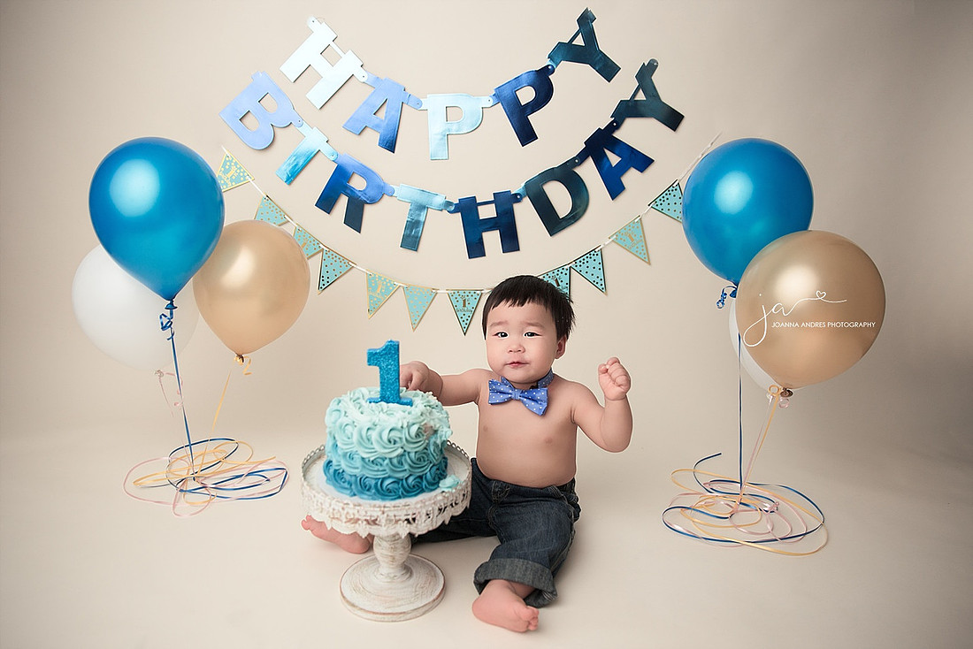 First Birthday Cake Smash in Blues and Bow Tie